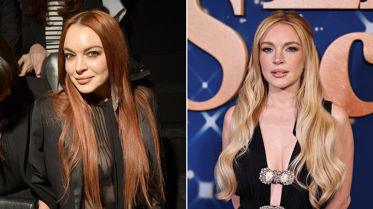Lindsay Lohan con cabello naranja con un top negro transparente y abrigo mirando a la cámara con su cabecita en 2019 Lindsay Lohan se va con un vestido negro con botones de lazo y cabello Rubio fresa claro en 2024