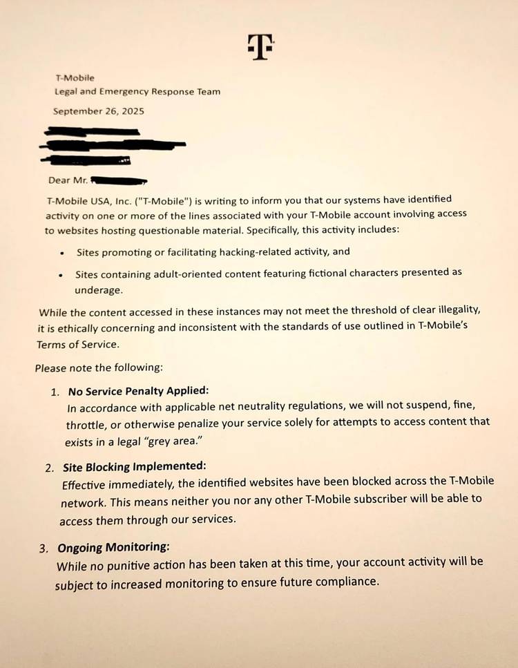 Una copia de la carta T-Mobile