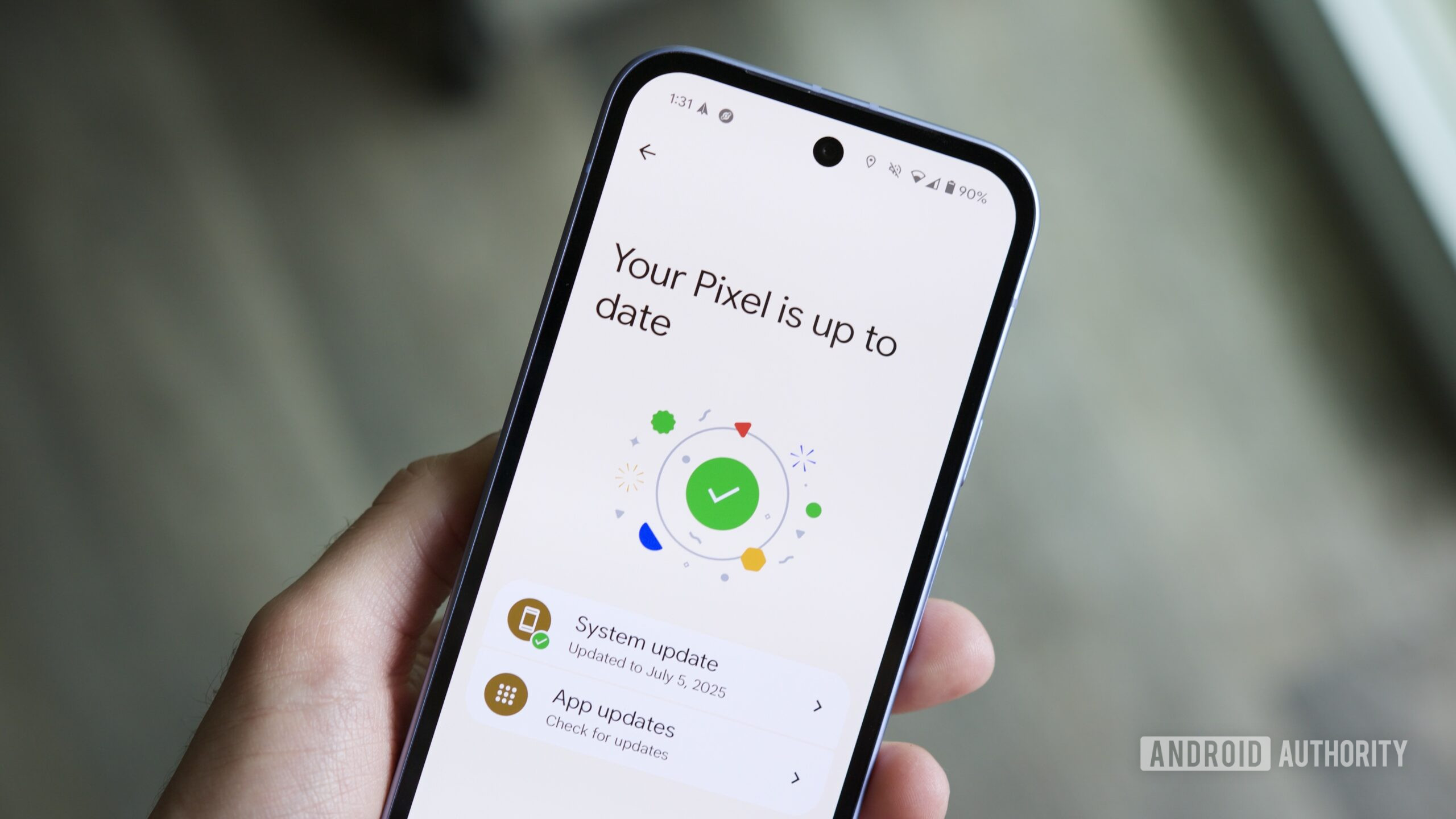 Accesorio de pantalla de imagen de Google 16 Pantalla de actualización de software en el teléfono Google Pixel.