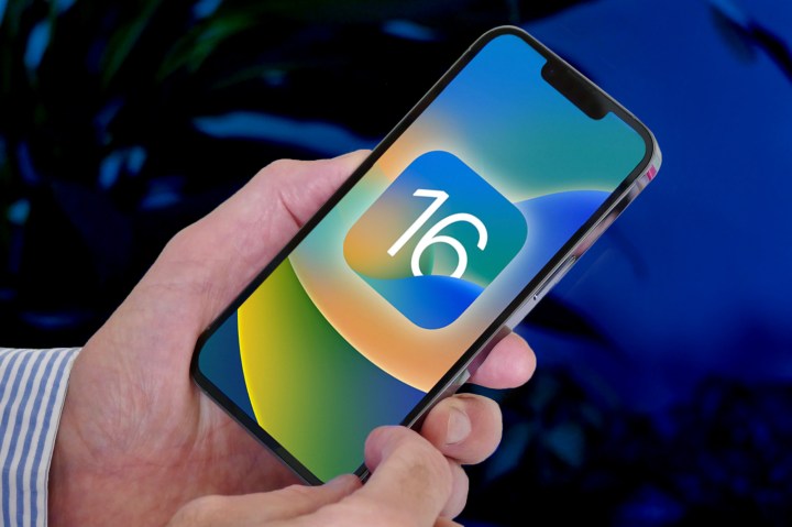 Una persona sostiene un iPhone 13 Pro con el logotipo 16 en la pantalla.