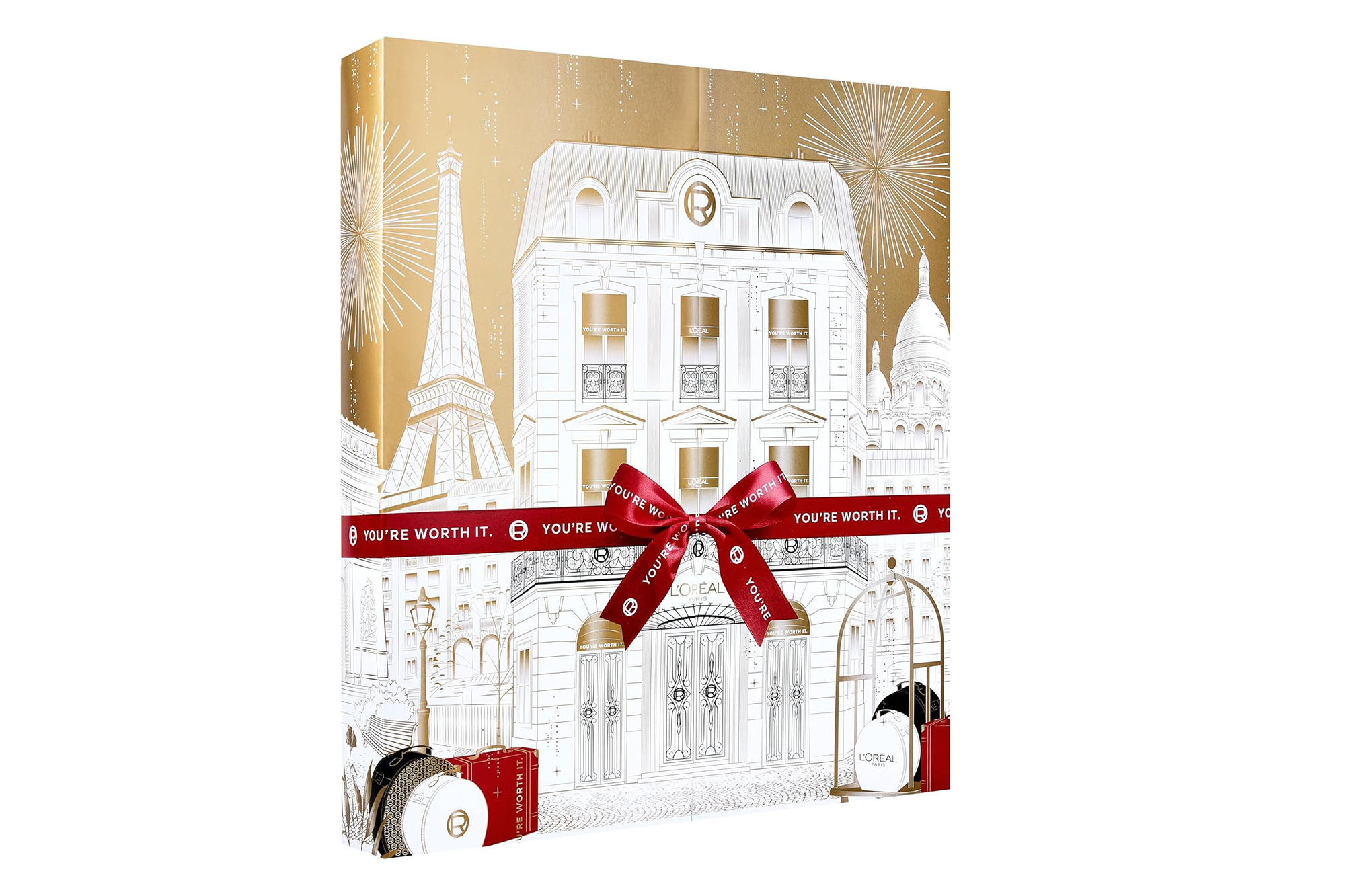 Ilustración de un calendario abstracto dorado y blanco con un símbolo de luz del paisaje urbano de París y una cinta roja.