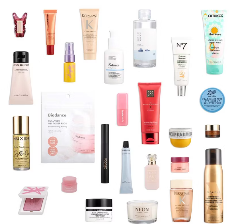 Una colección de productos de belleza y cuidado de la piel que incluye maquillaje, sueros, acondicionadores y productos para el cuidado del cabello.