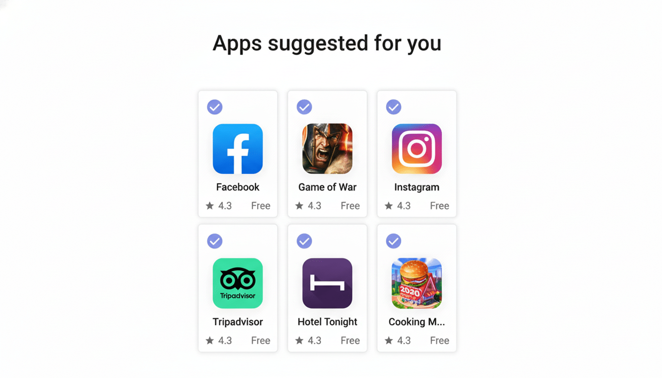 Es una mejora profesional de la interfaz de la tienda móvil, que muestra las aplicaciones recomendadas para usted en la parte superior. Debajo, hay seis íconos de aplicaciones en dos filas de tres. Las aplicaciones incluyen Facebook, Juego de Guerra, Instagram, TripAdvisor y Hotel de noche, y cocinan el programa, una calificación de 4,3 estrellas y la etiqueta. Se puede encontrar un ícono de tela violeta en la esquina izquierda de la tarjeta de la aplicación. El fondo es blanco, manteniendo el plano original mientras se eleva a la relación de aspecto 16:9.