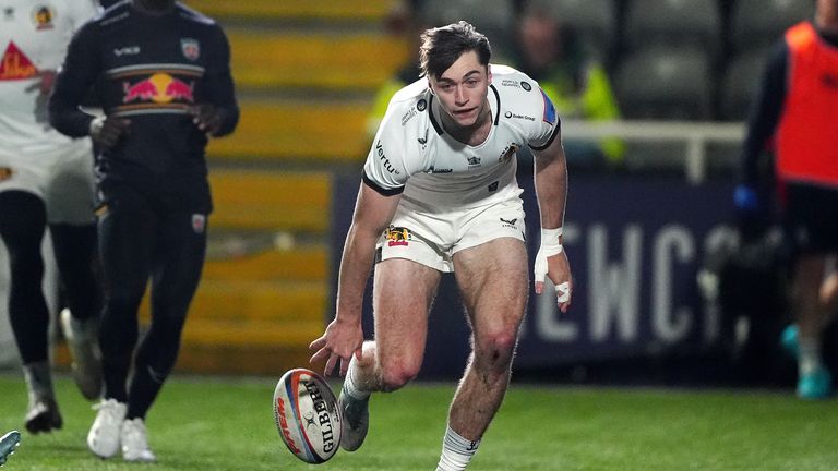 Campbell Ridl de Exeter Chiefs anota en el partido Gallagher PREM en Kingston Park
